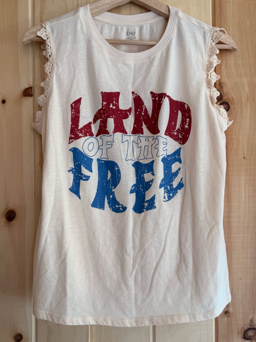 Cato "Land of the Free" Graphic Tank – Crochet Lace Detail – Size M